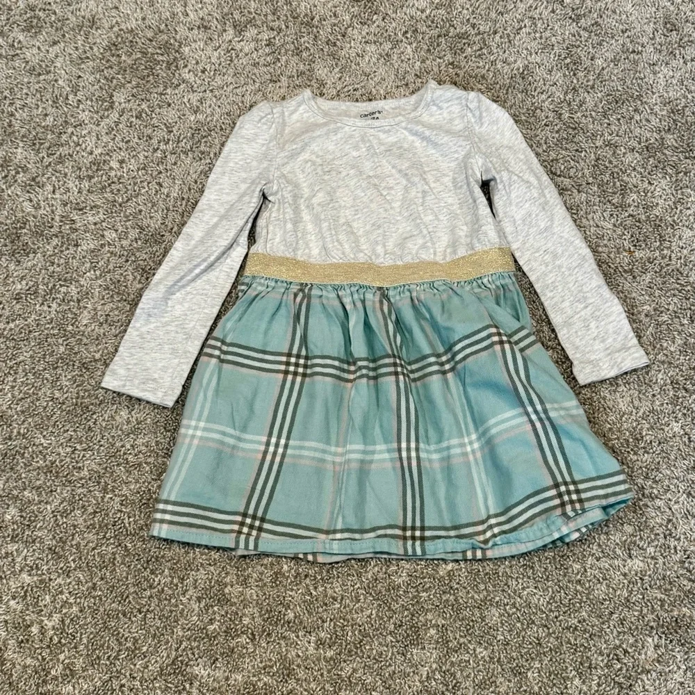 Carter’s Toddler Plaid Skirt Dress Gold Sparkle long sleeve Dress Size 3T - Picture 8 of 9